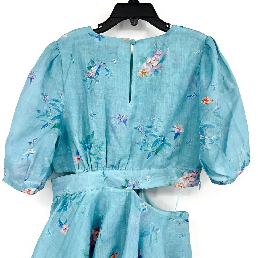 BARDOT Girl's Cindy Floral Cutout Dress Size 8 SMALL Blue Flora Puff Sleeve NWT